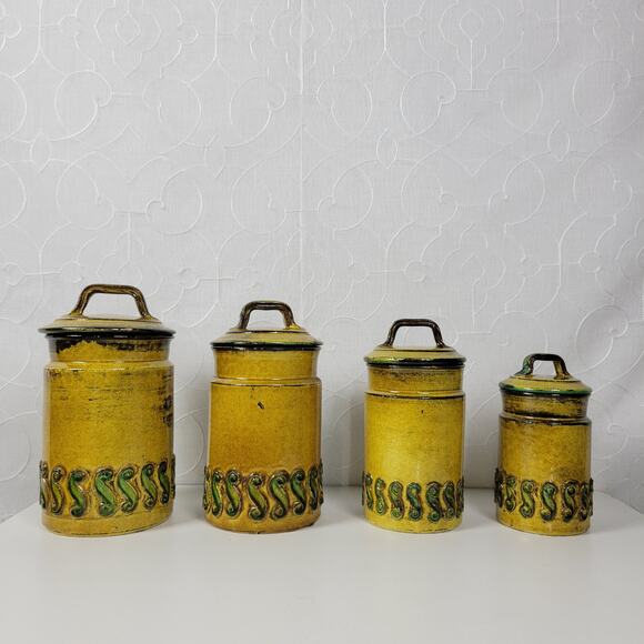 Set of 4 Vintage Baldelli Pottery Ceramic Cookie Canisters with Lid Green Italy - Picture 2 of 13